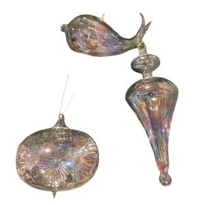 3 Vtg Handblown Glass Ornaments Ball Bauble Finial Whale Iridescent Opalescent
